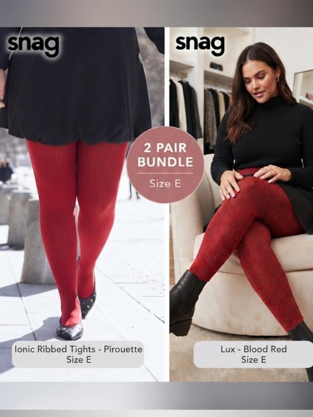 Snag Tights 2-Pack Size E Ionic Ribbed Pirouette & Lux Blood Red Shimmer